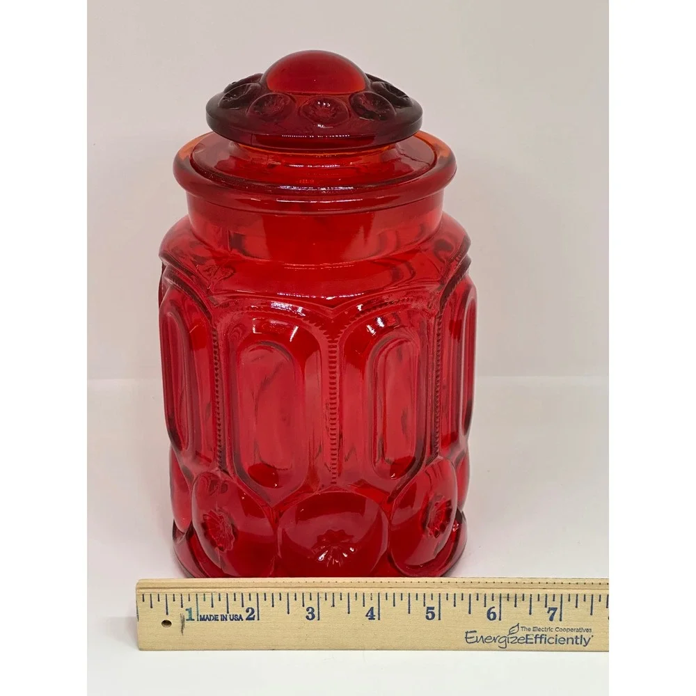 VTG LE Smith Canister Red Moon and Star Pattern Glass Kitchen Storage Jar 9.5in